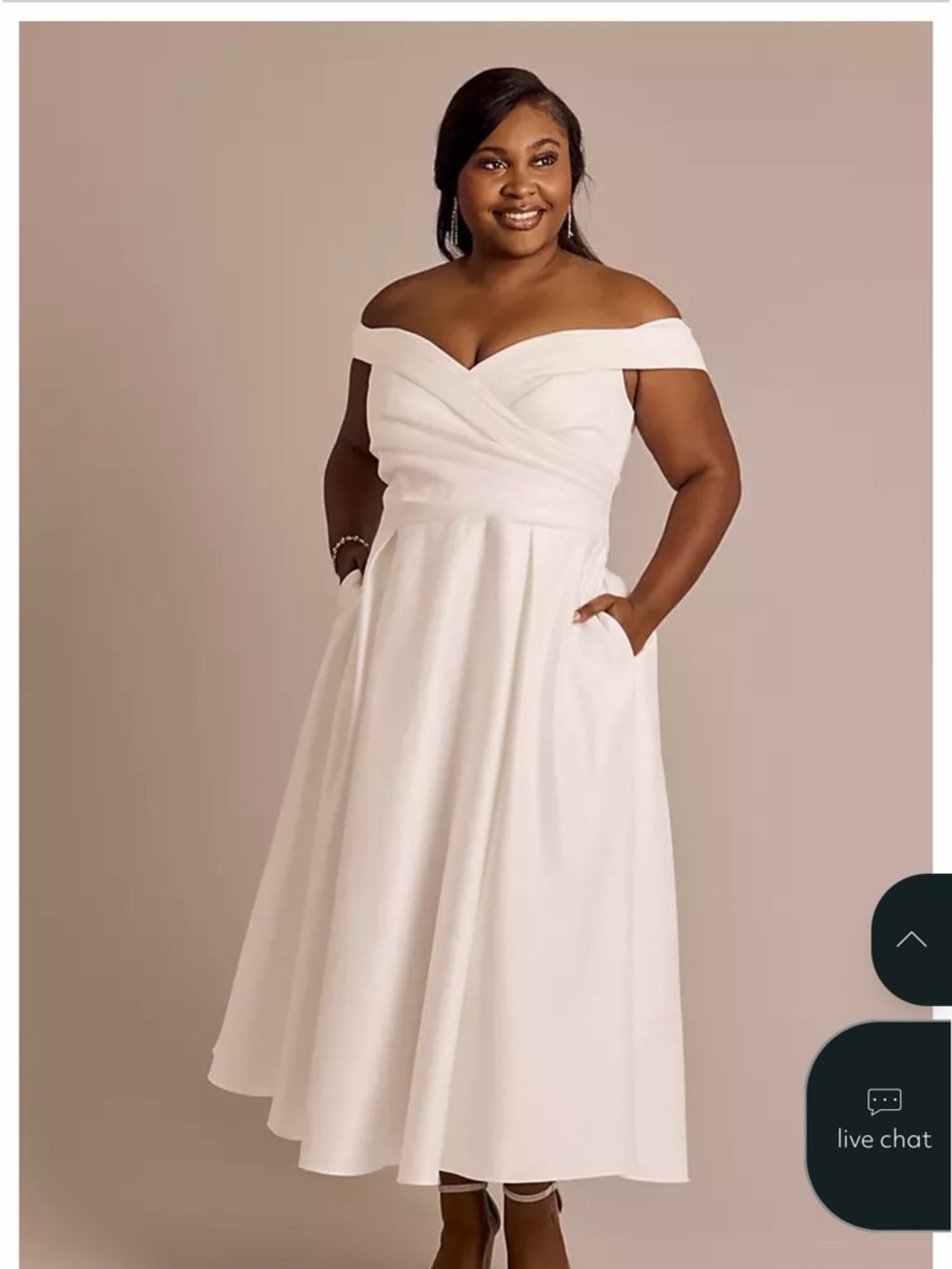 David's Bridal Off-the-Shoulder White Midi Dress with Pockets